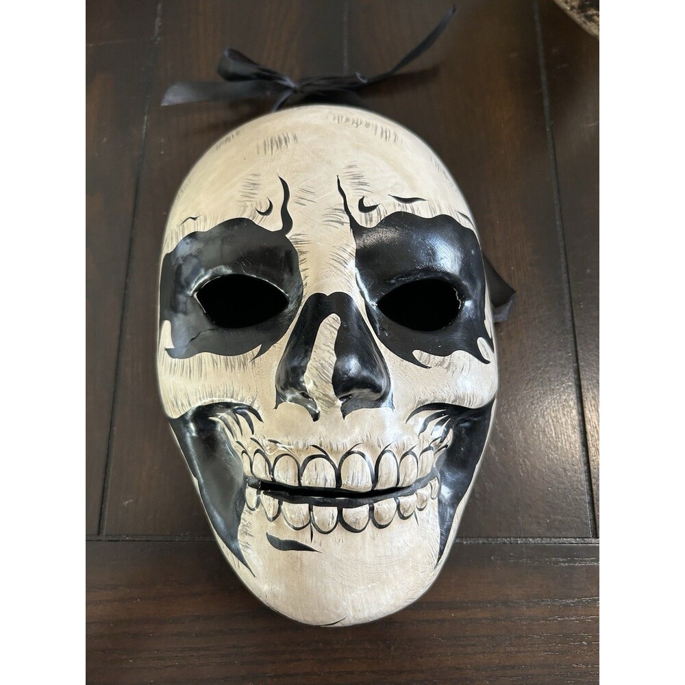 Vintage Hand-Painted Adult Size Day Of The Dead Skull Mask Tie Back Costume
